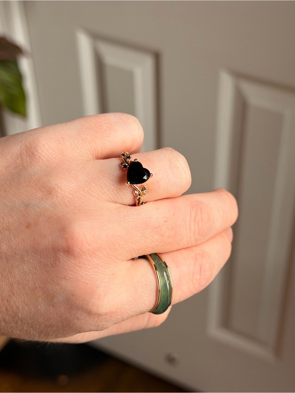 Gold Heart Ring with Black Stone - adjustable size